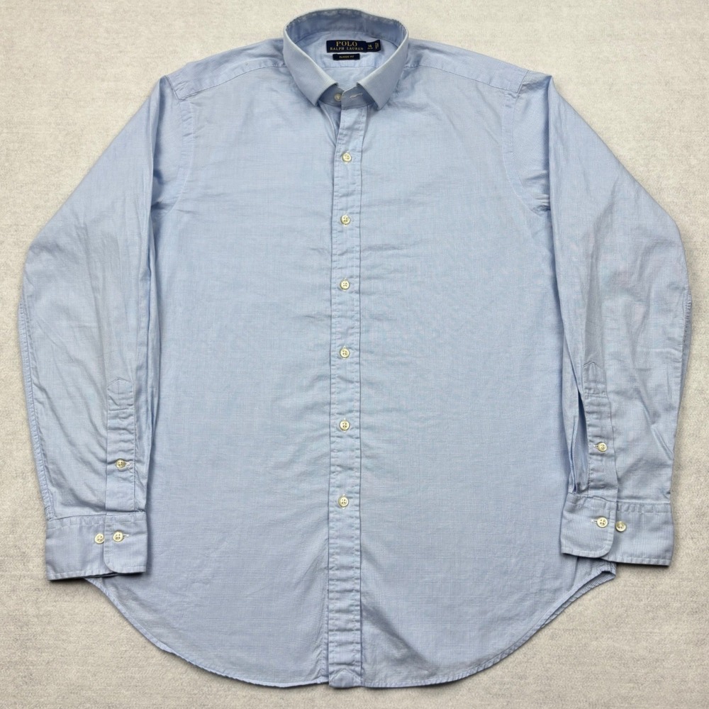 Polo Ralph Lauren Dress Shirt Mens 16 34 35 Classic Fit Blue Plaid Long Sleeve